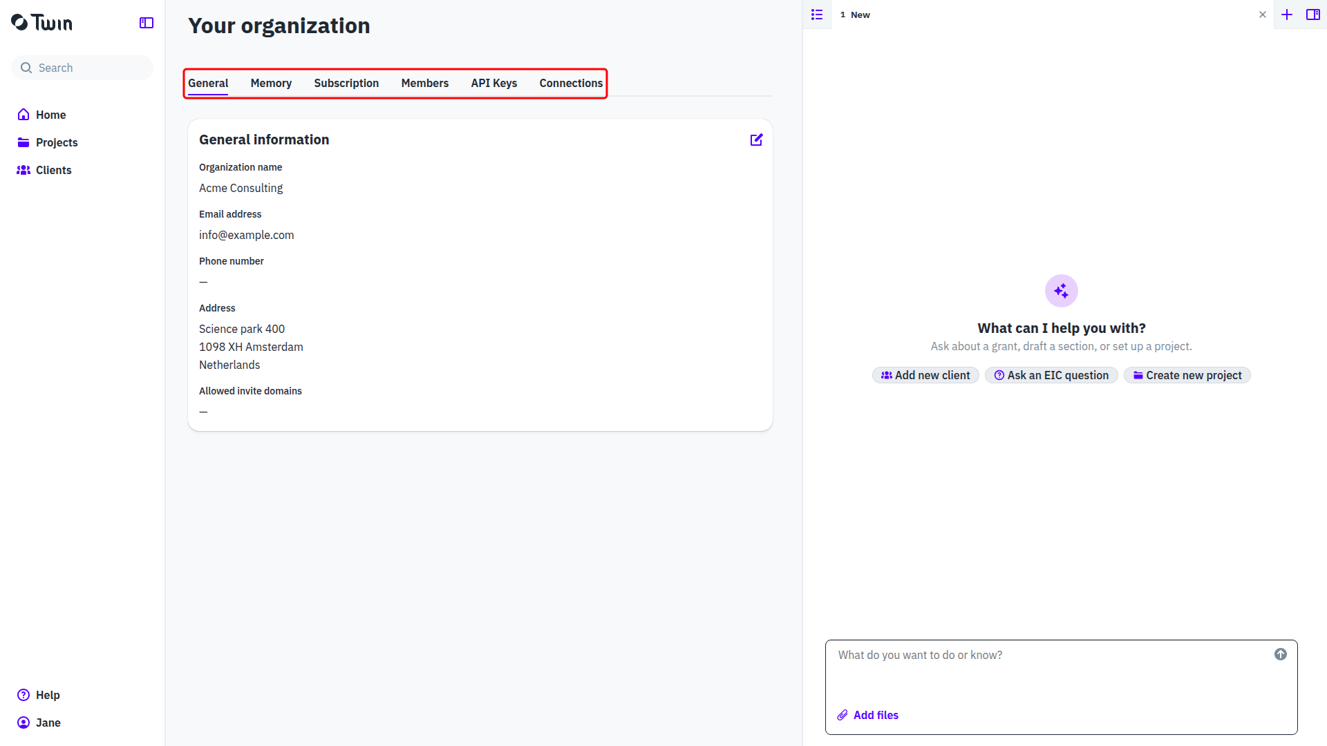 Your organization page on the General tab, with the six tabs marked in red