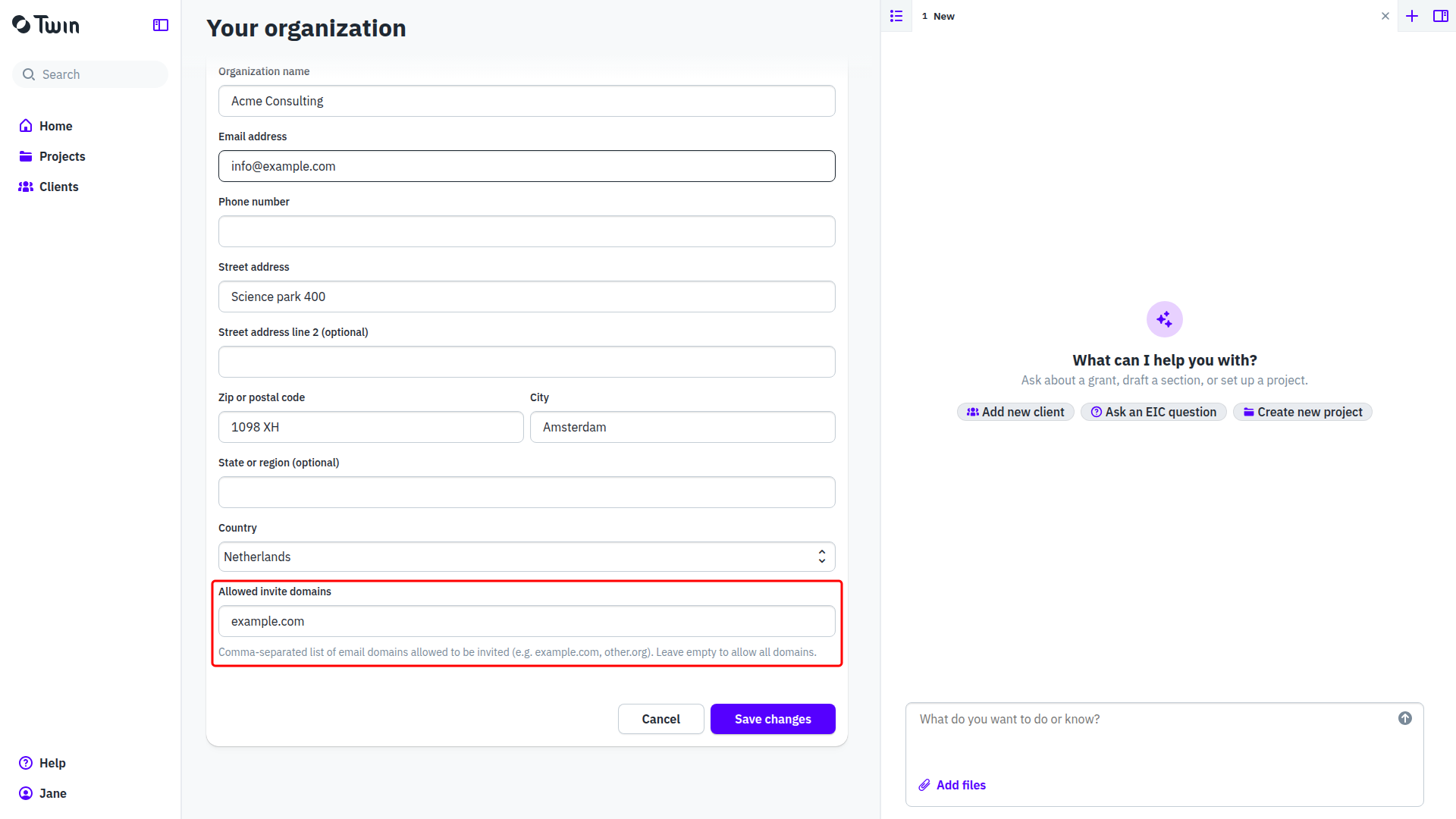 The General information card in edit mode, with the Allowed invite domains field marked in red