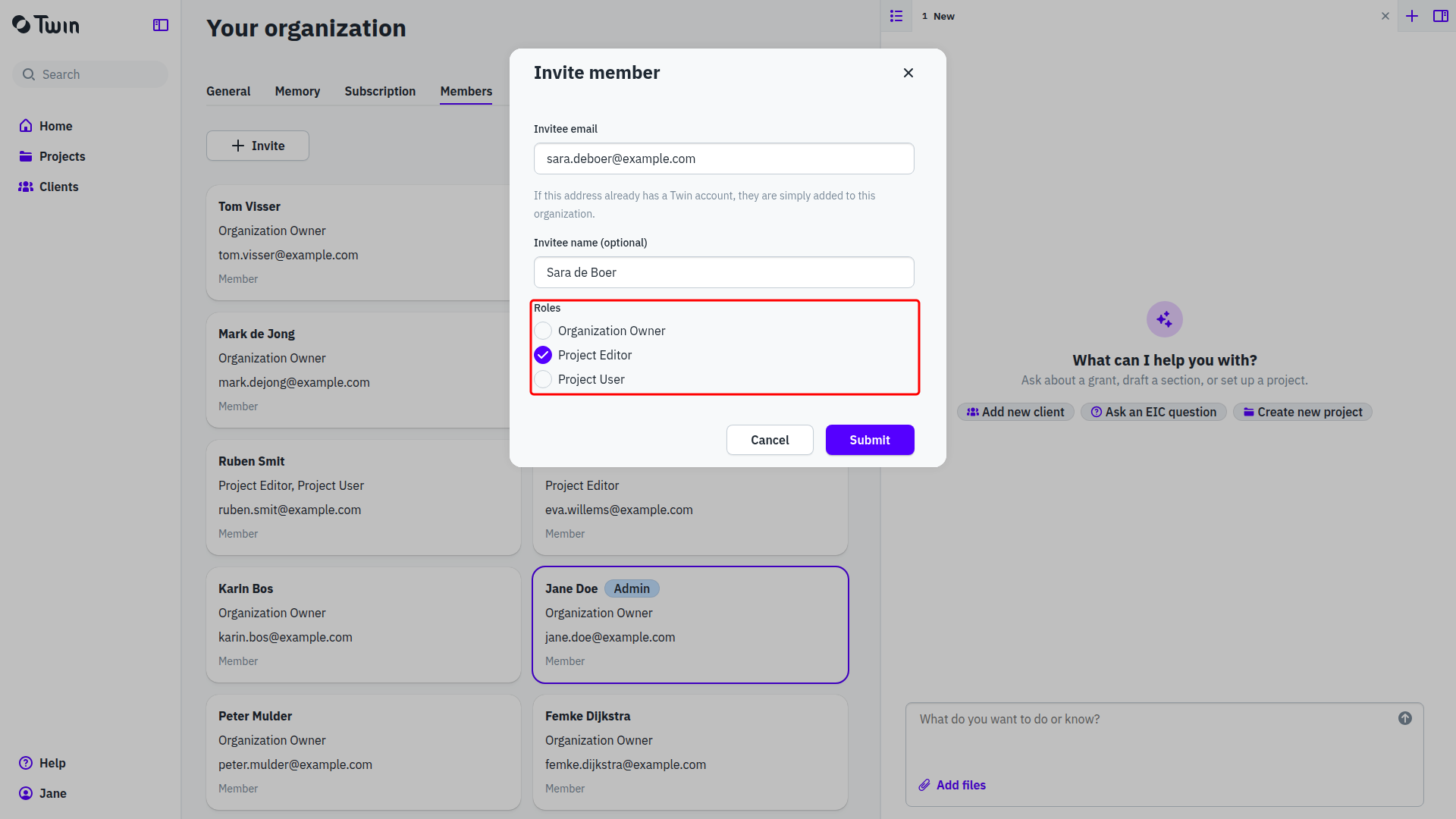 The Invite member dialog with the three roles marked in red