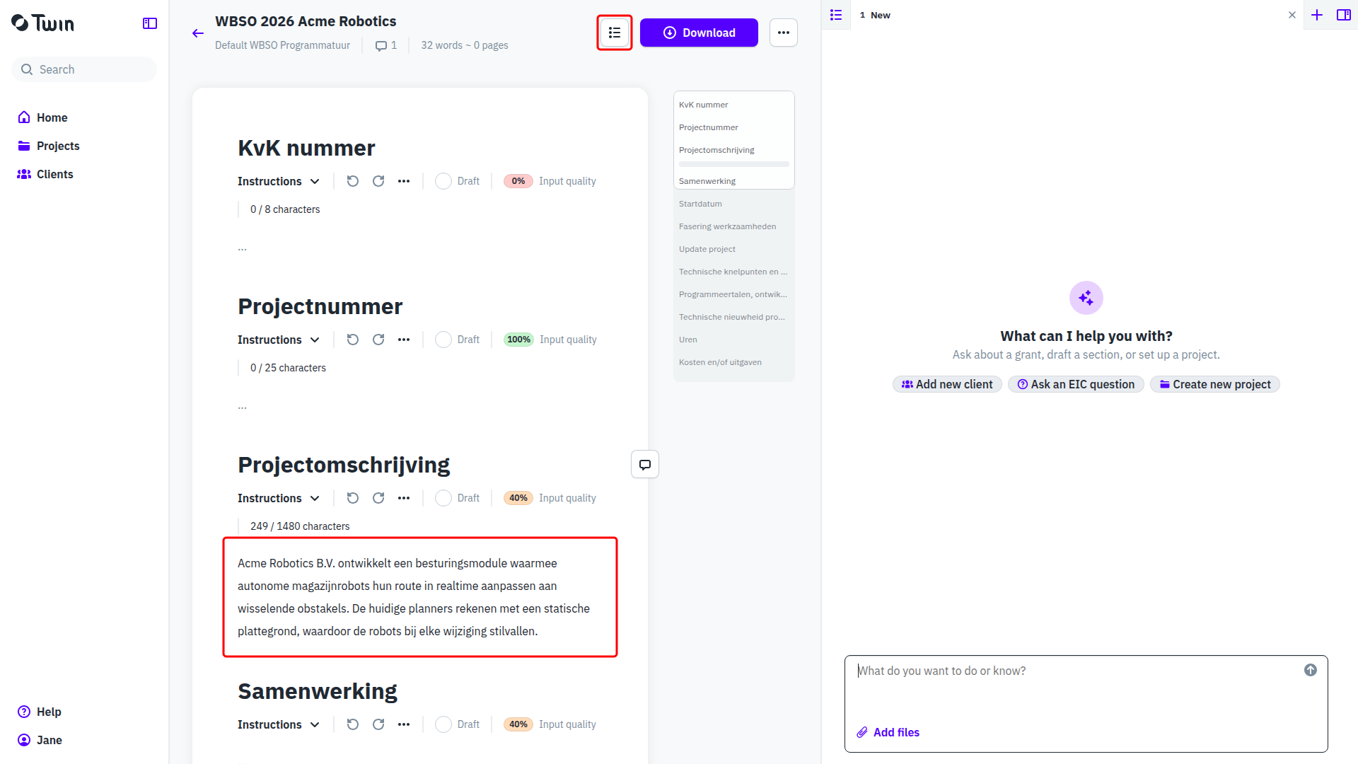 Document editor with the Table of contents button in the header and an editable section below it