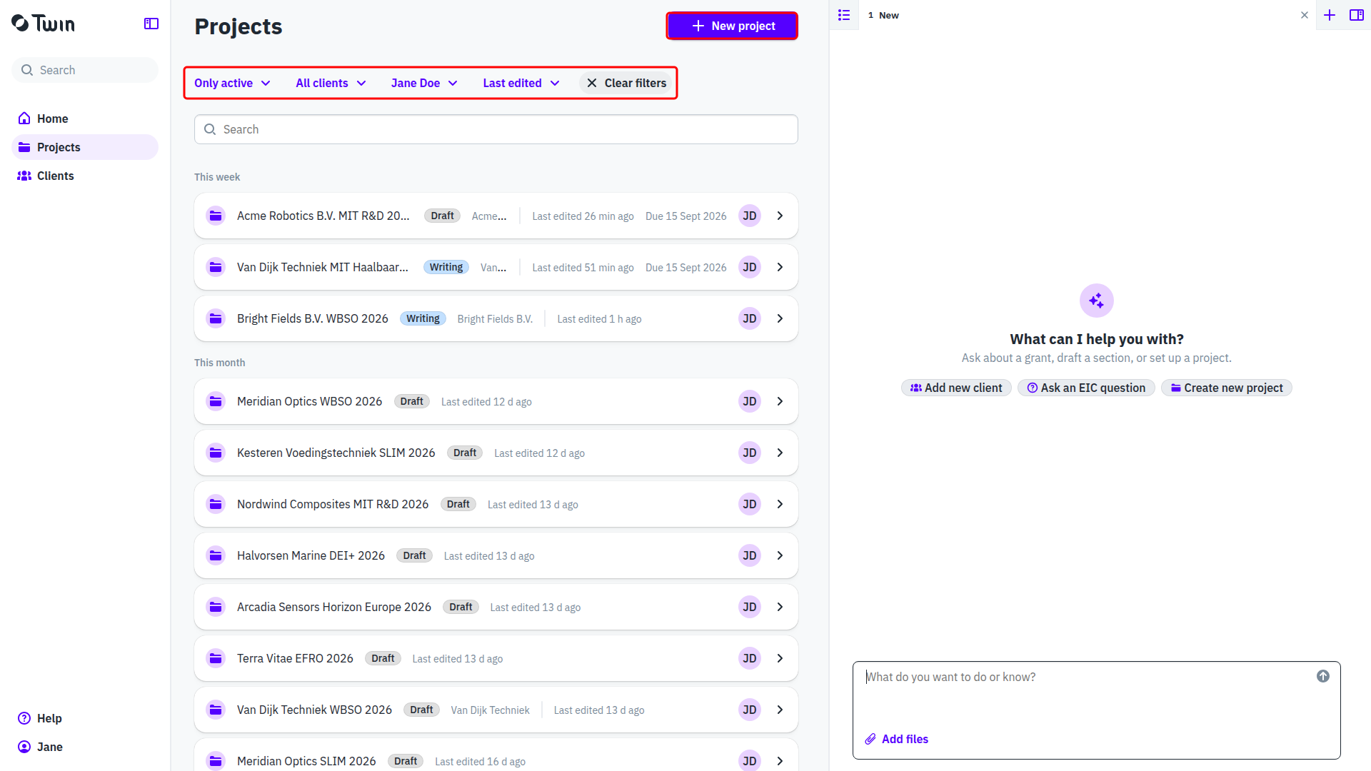 The projects overview with the filter row and the New project button highlighted
