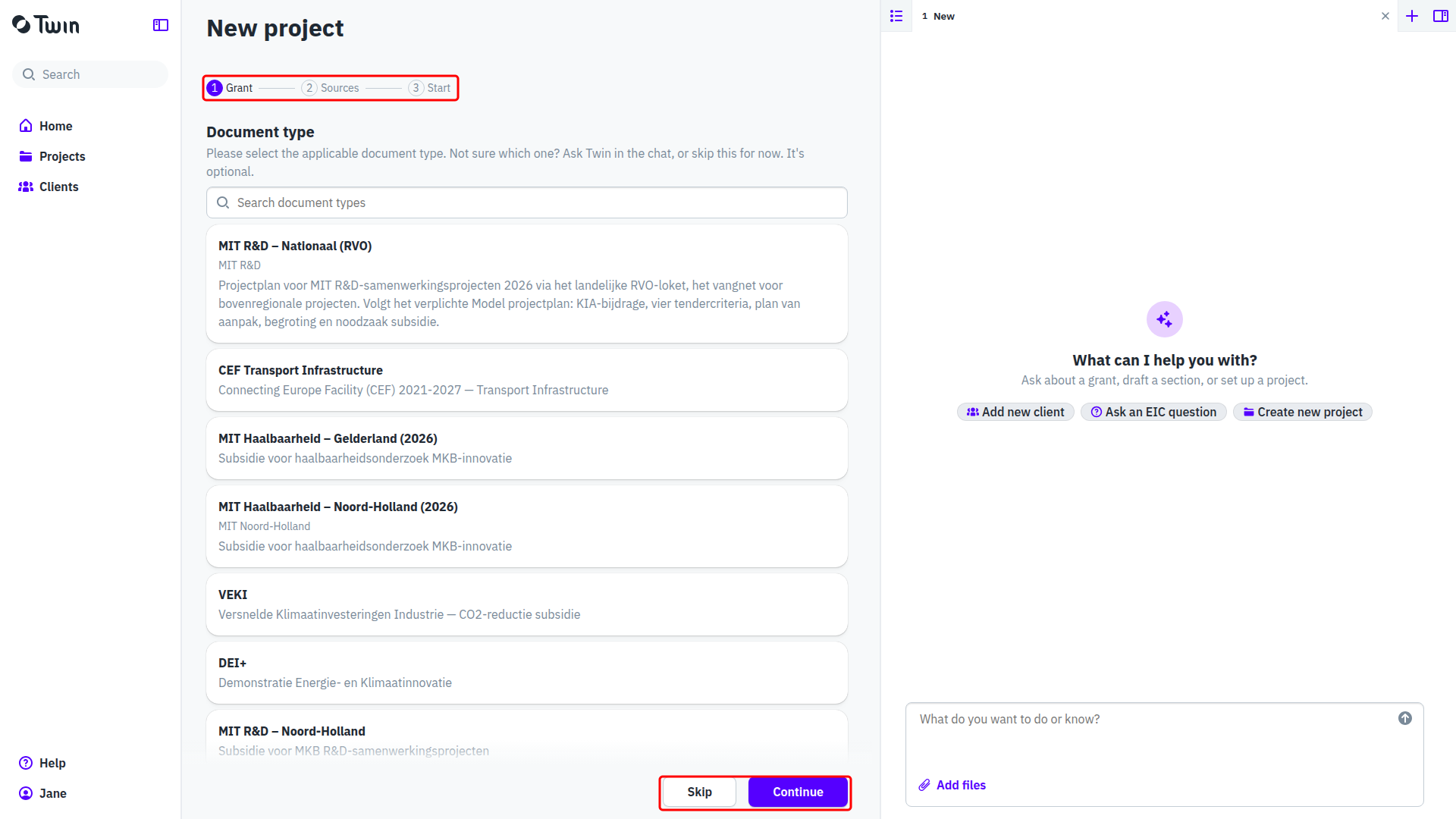 Step 1 of the new project wizard, showing the document type picker and the Skip and Continue buttons