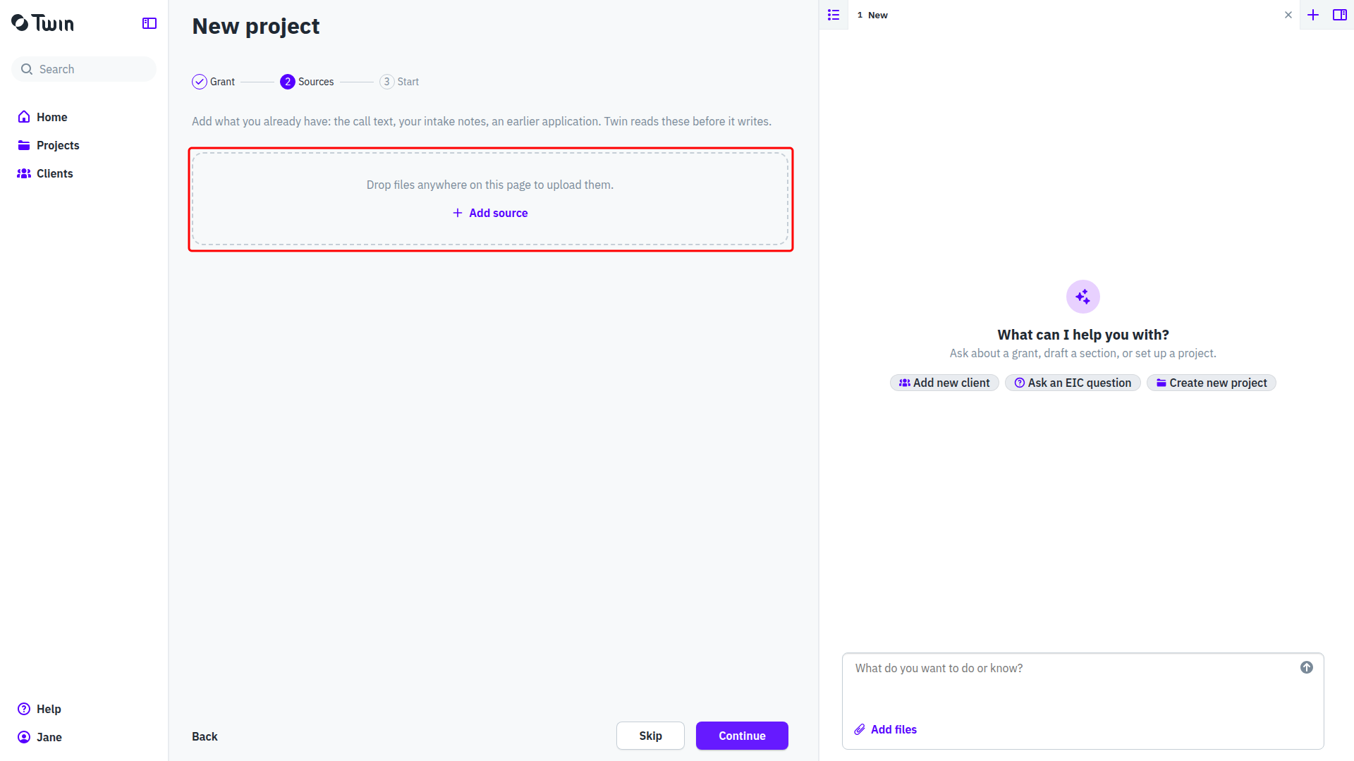 Step 2 of the wizard, with the drop area for sources and the Add source button highlighted