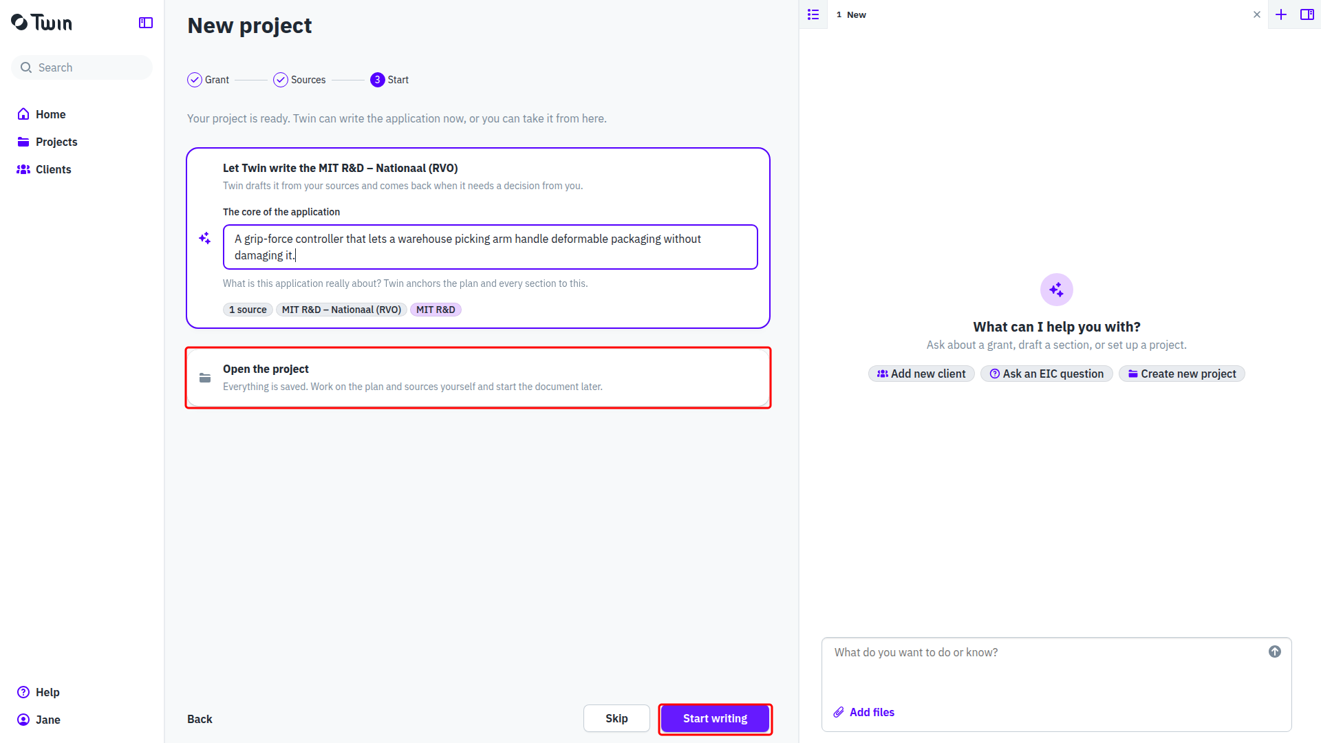 Step 3 of the wizard, with Open the project and Start writing highlighted