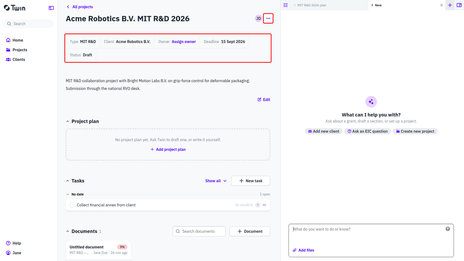 A project page with the meta bar and the Project actions menu highlighted