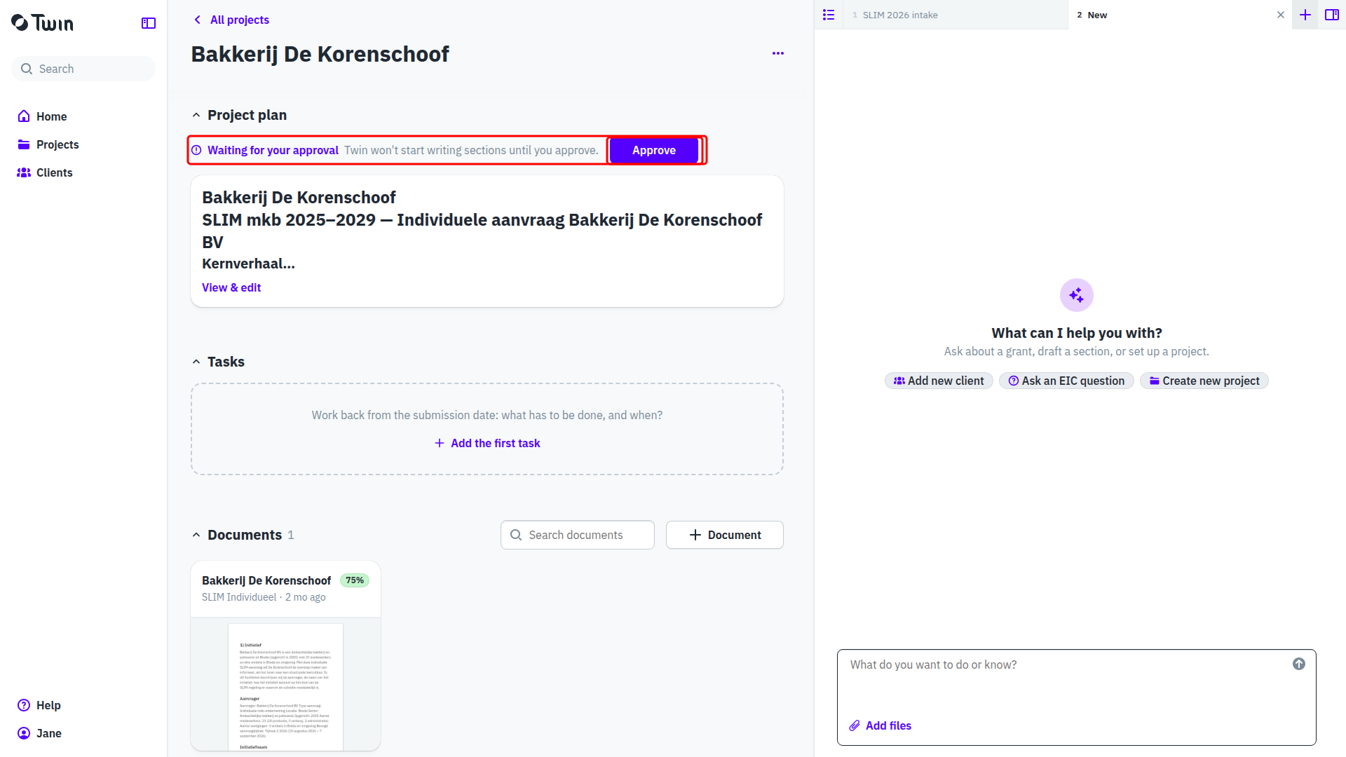 The project plan section showing the Waiting for your approval banner and the Approve button