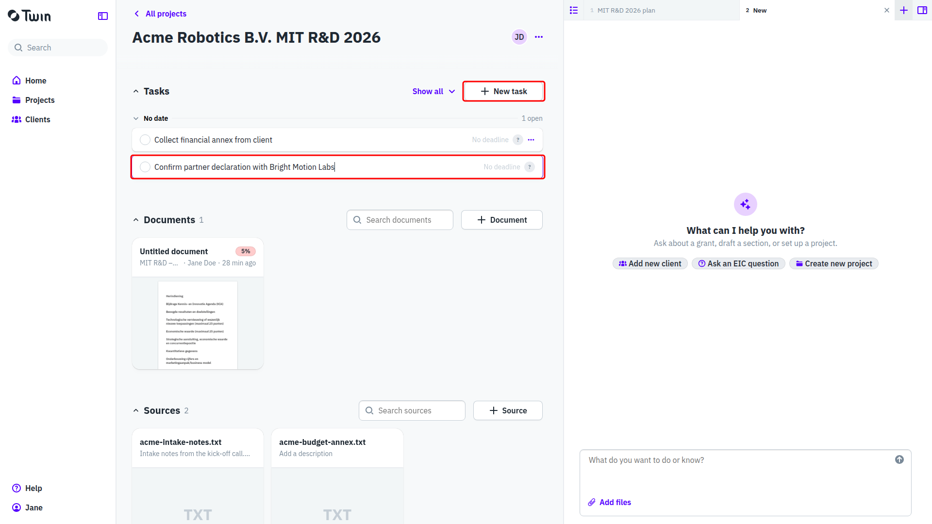 The Tasks section of a project with a new task being typed in the inline row