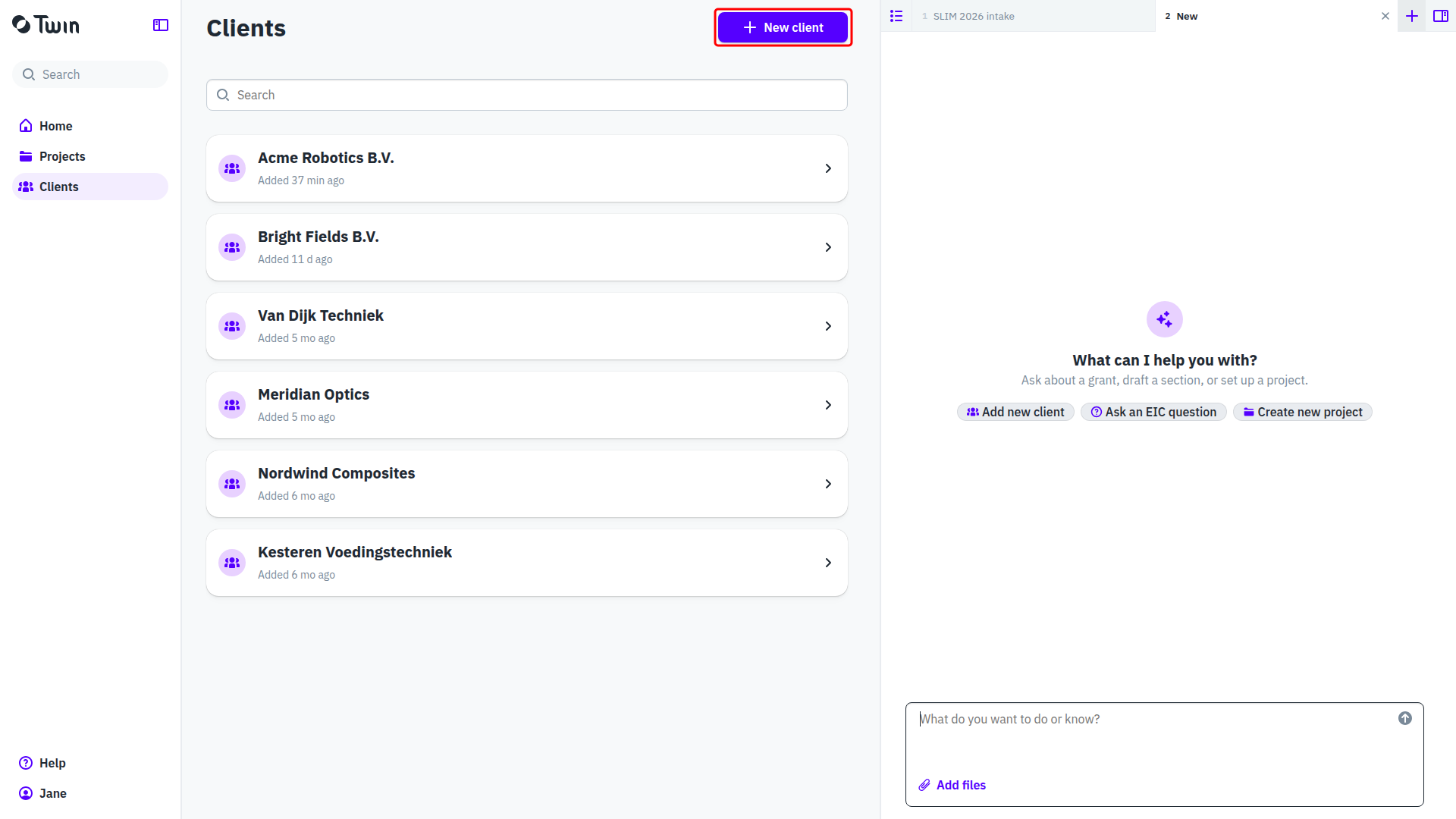 The Clients overview with the New client button highlighted