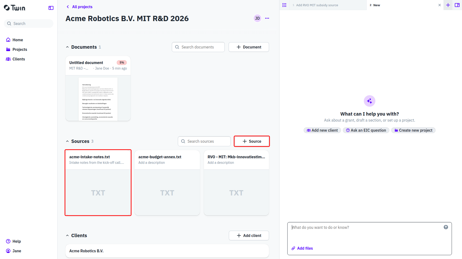The Sources section of a project with three source cards and the Add source button marked