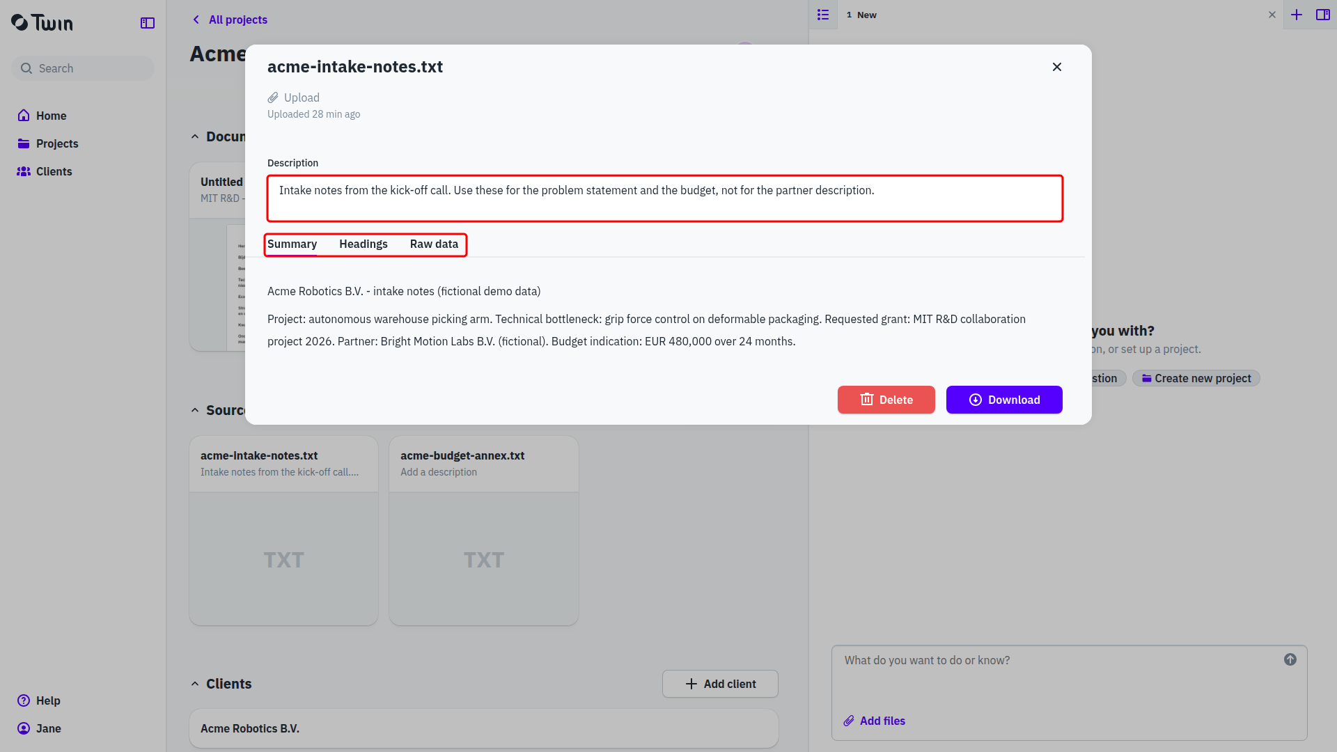 A source opened, with the Description field and the Summary, Headings and Raw data tabs marked