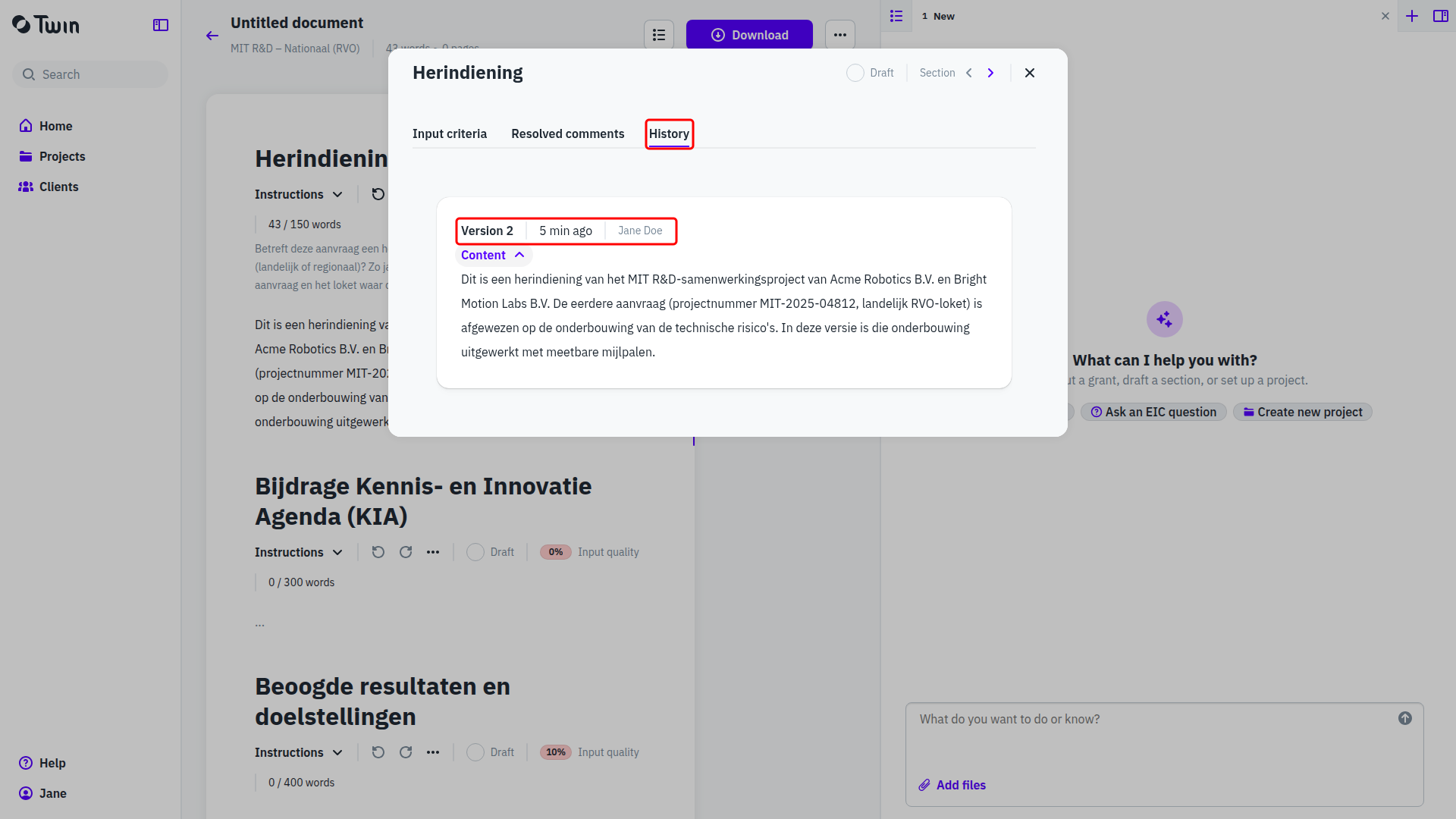 The History tab of a section, with one version expanded to show its content