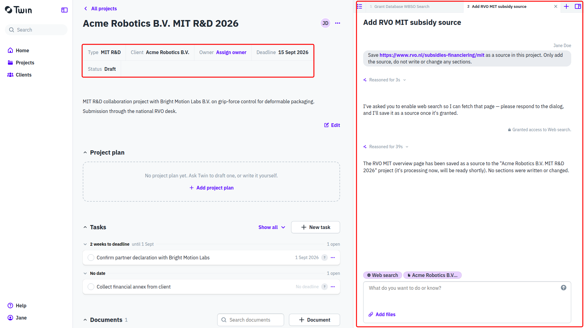 A project page with the grant, client, deadline and status highlighted, and the assistant column highlighted on the right