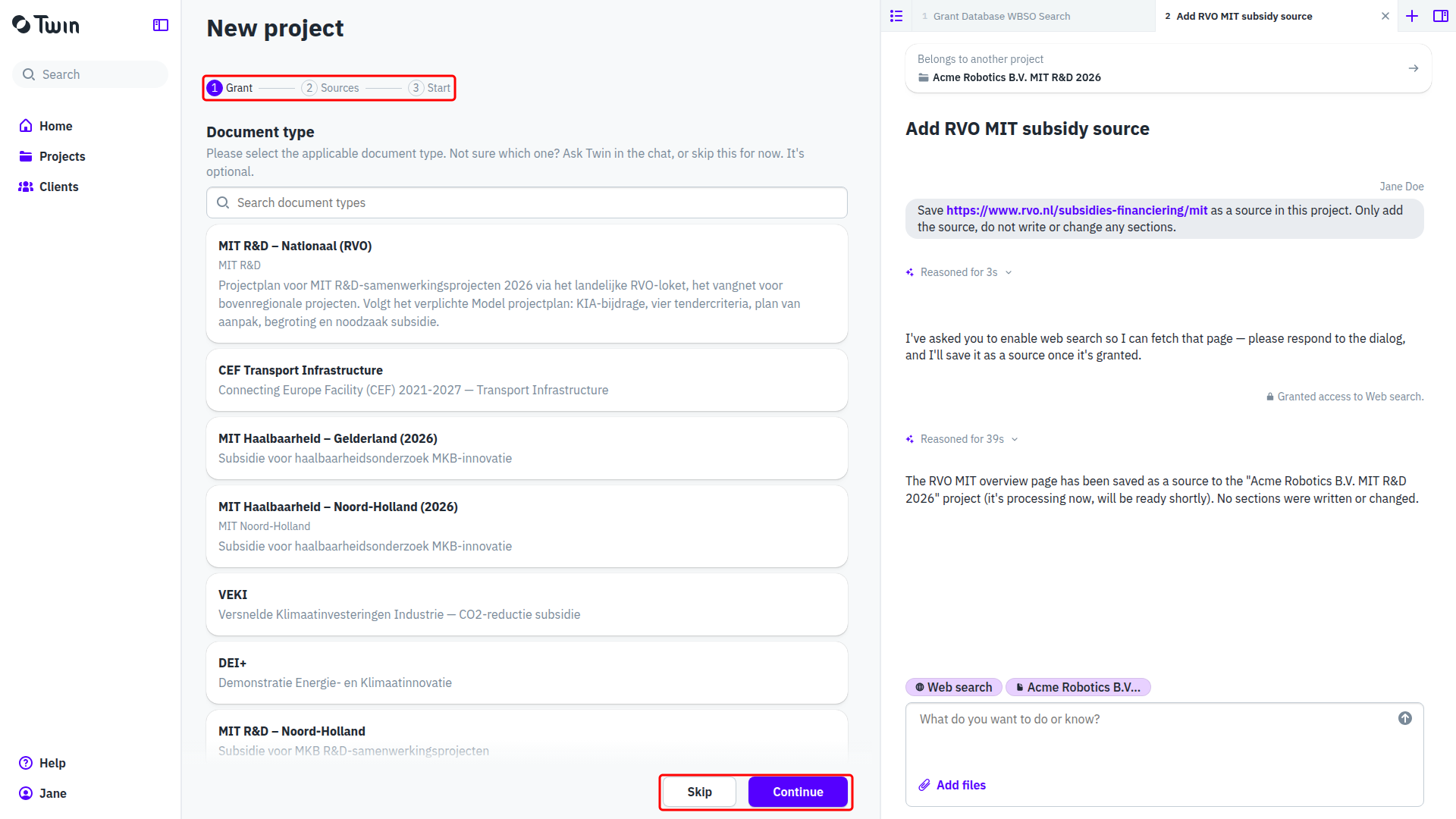 Step 1 of the new project wizard with the Grant, Sources and Start stepper highlighted and the Skip and Continue buttons highlighted