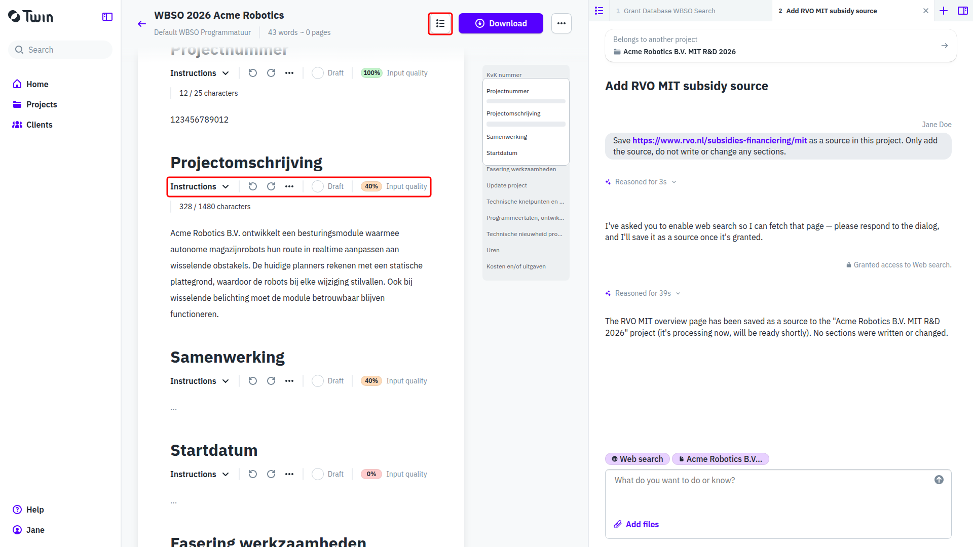 A section in the document editor with its toolbar highlighted and the Table of contents button highlighted in the header