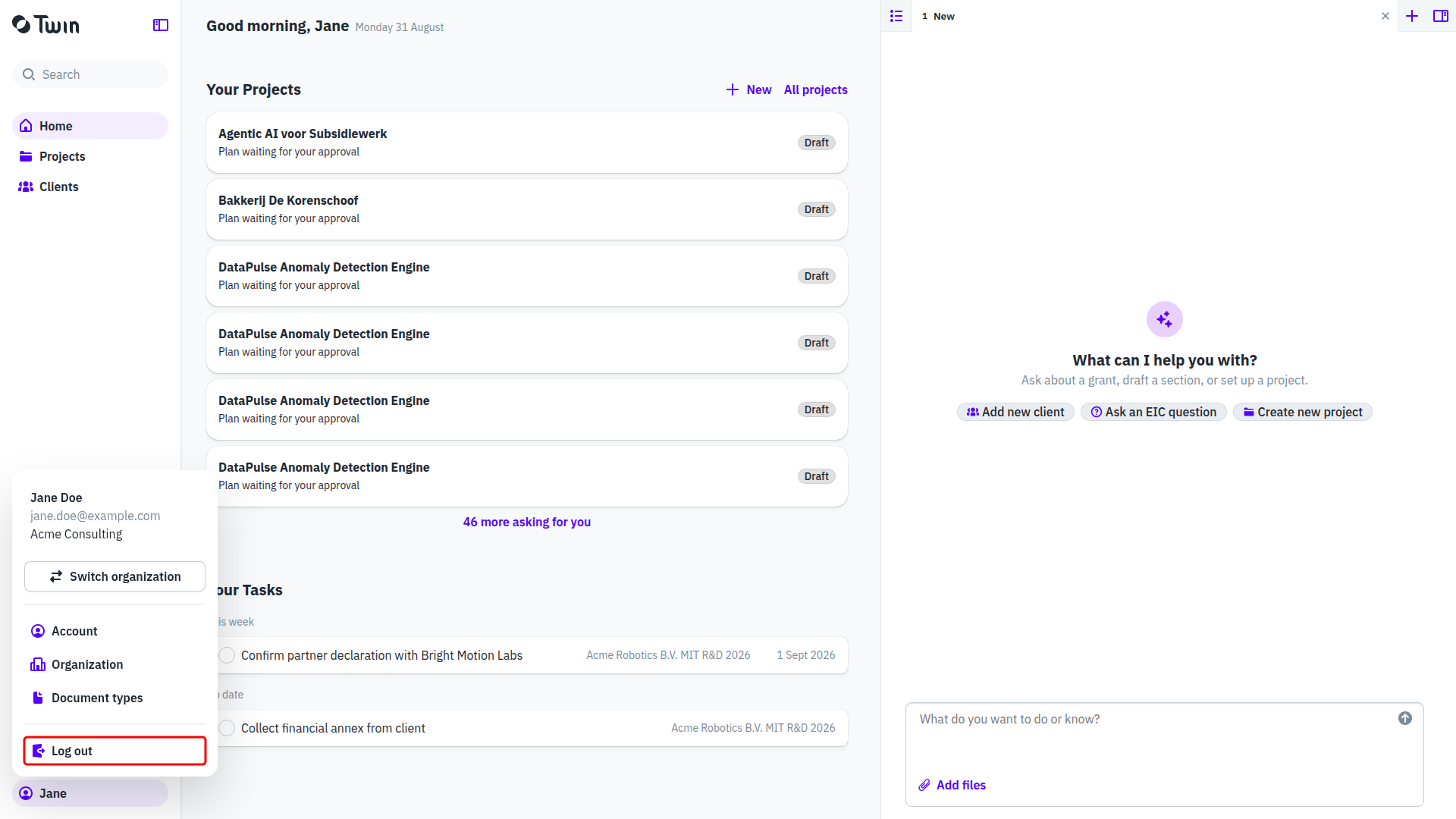 User menu at the bottom of the left sidebar with Log out highlighted