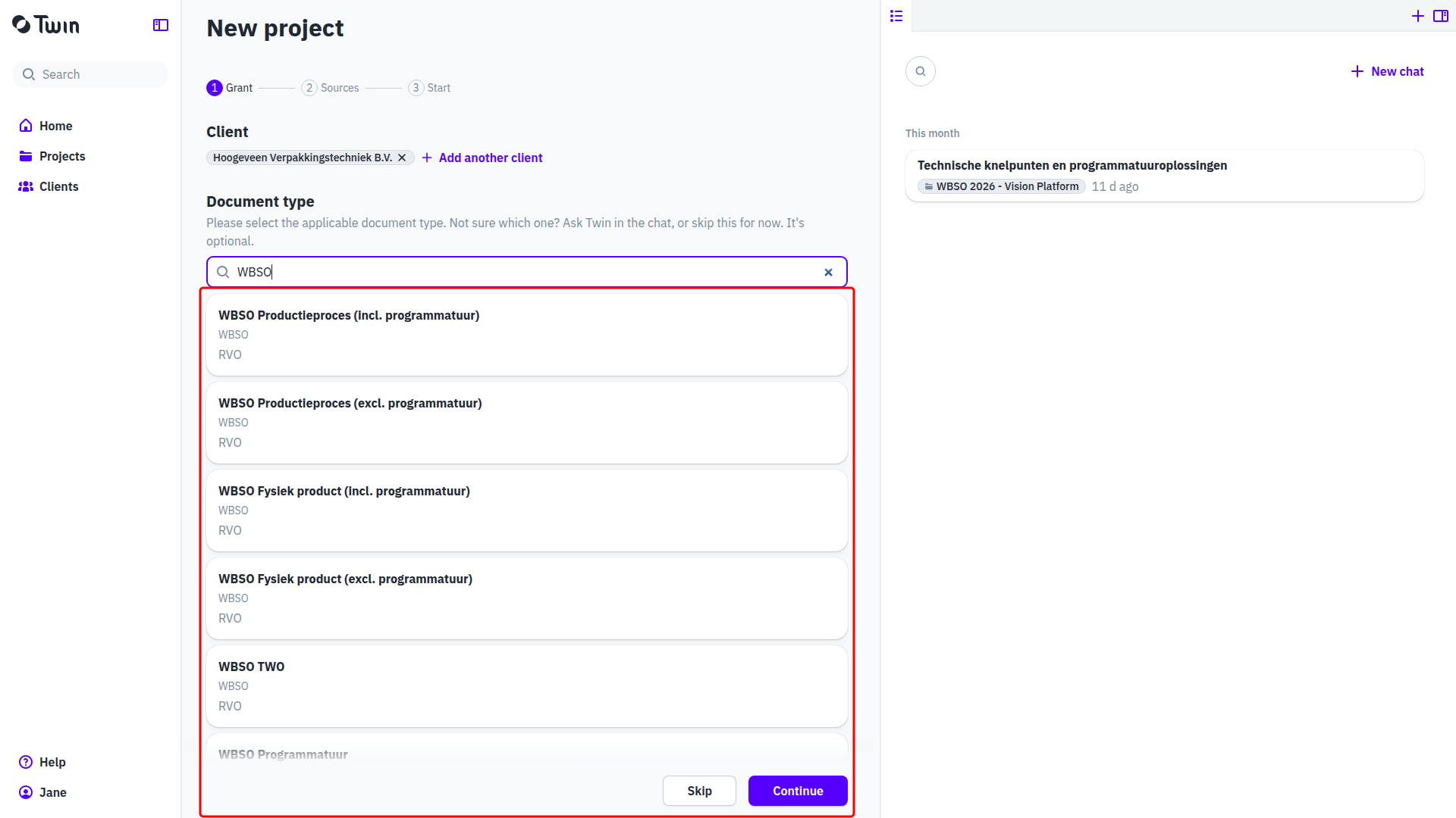 The new project wizard with WBSO typed in the document type search and the six WBSO 2027 document types boxed