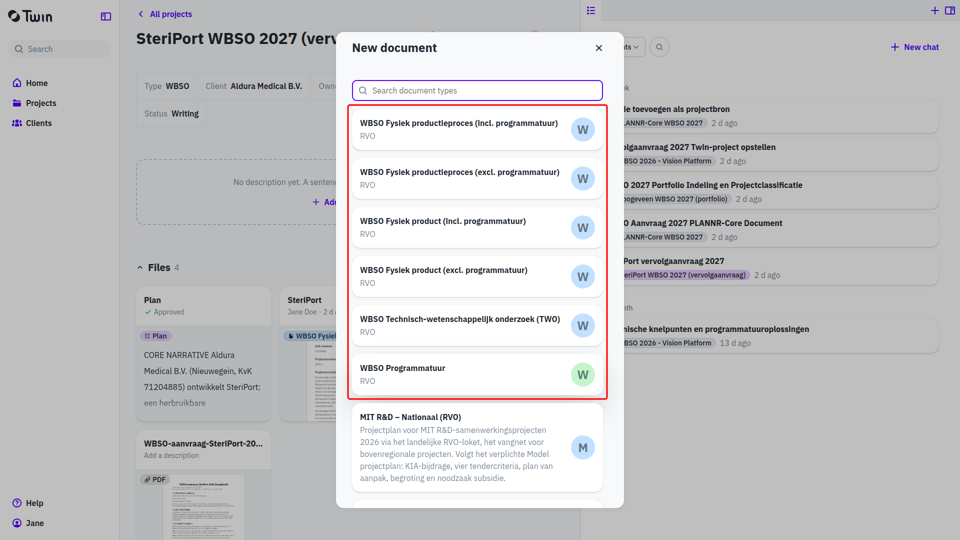 Het venster New document met de zes WBSO-documenttypen omkaderd