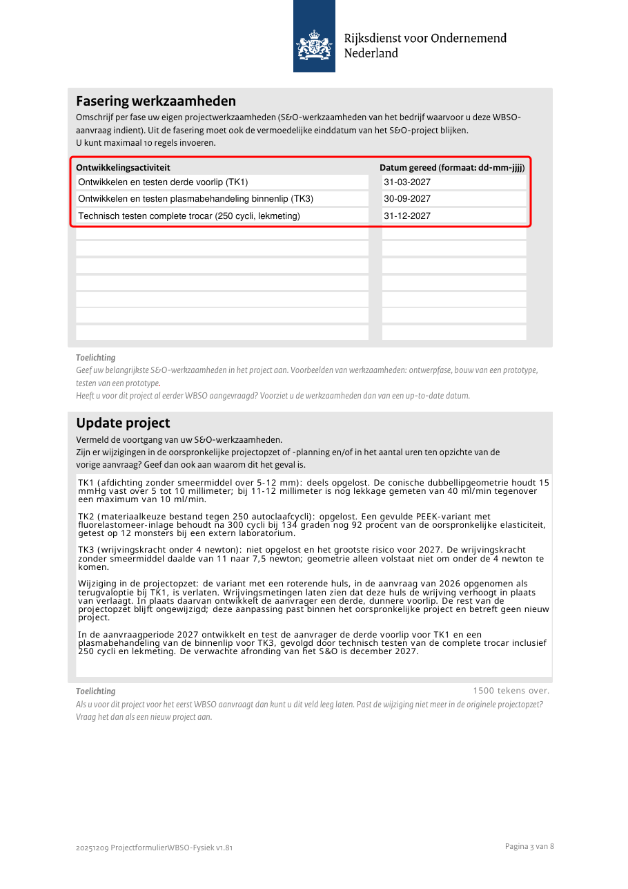 De tabel Fasering werkzaamheden op het ingevulde RVO-projectformulier, met de datums in de nieuwe aanvraagperiode in de notatie dd-mm-jjjj, omkaderd
