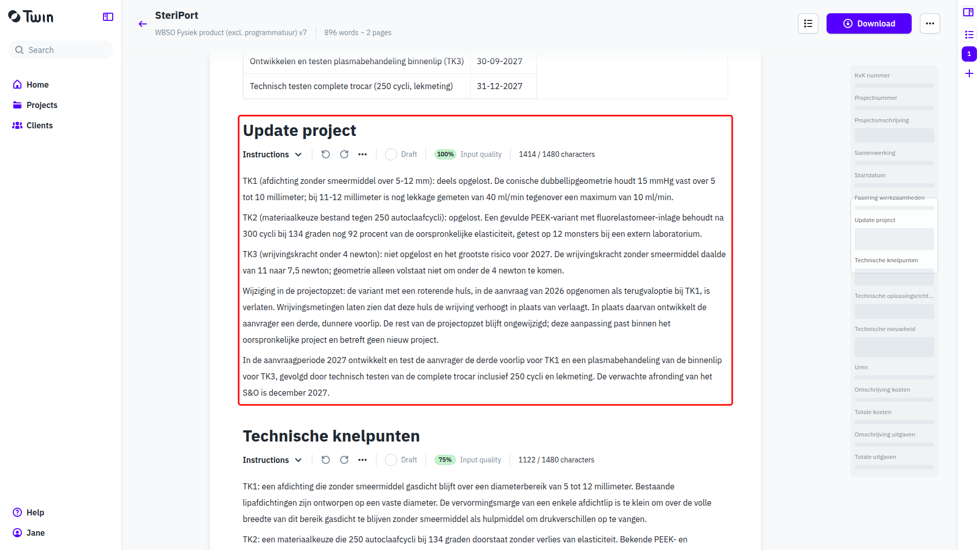 De sectie Update project in de editor met per TK-nummer één alinea, omkaderd