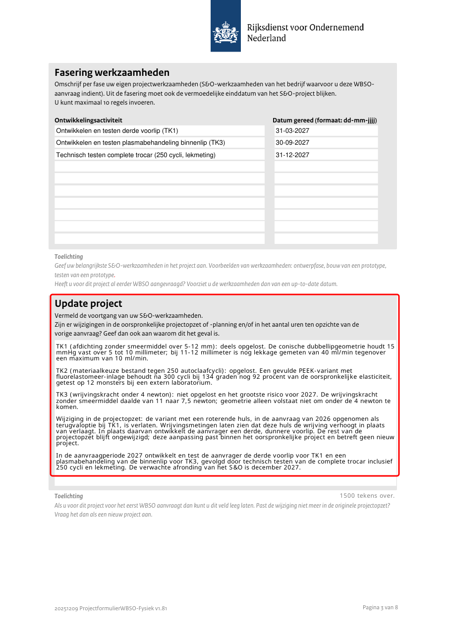 Pagina 3 van het ingevulde RVO-projectformulier met het gevulde veld Update project omkaderd