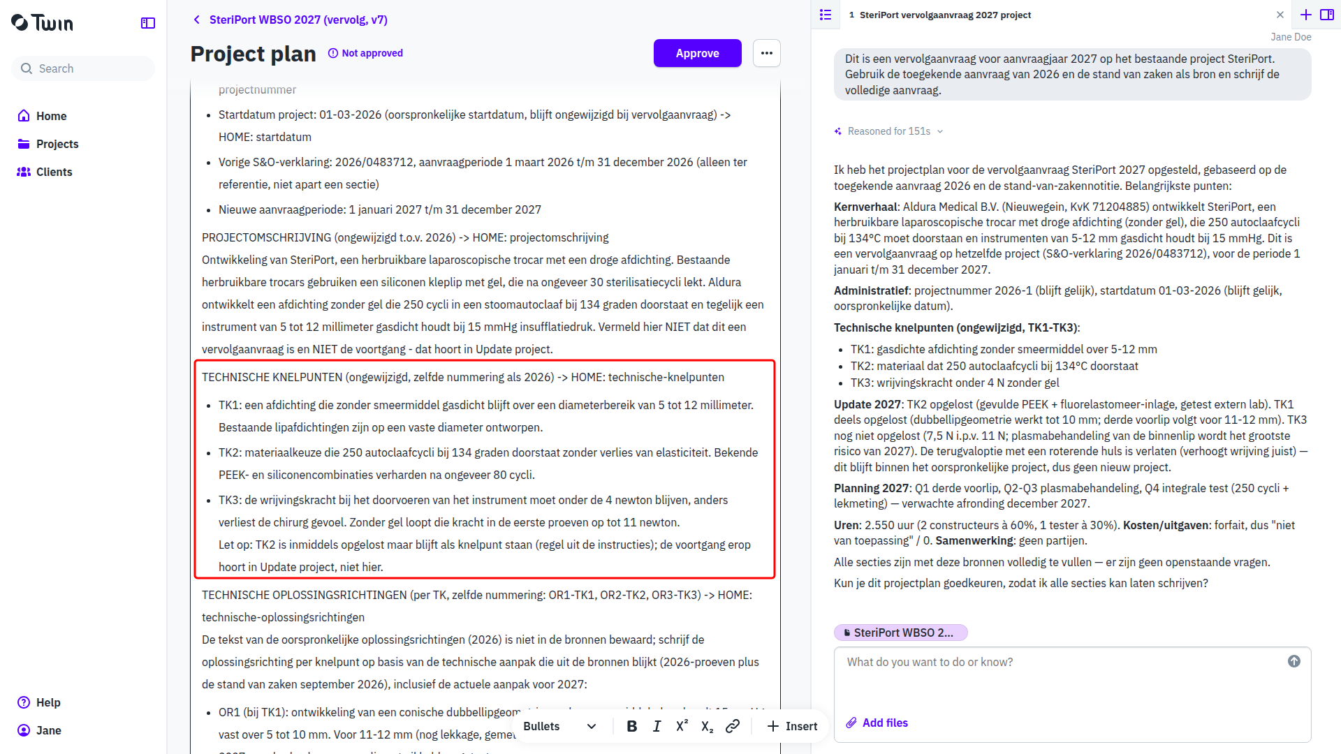De planpagina van het project met Not approved en de knop Approve in de kop, en de genummerde knelpunten in het plan omkaderd