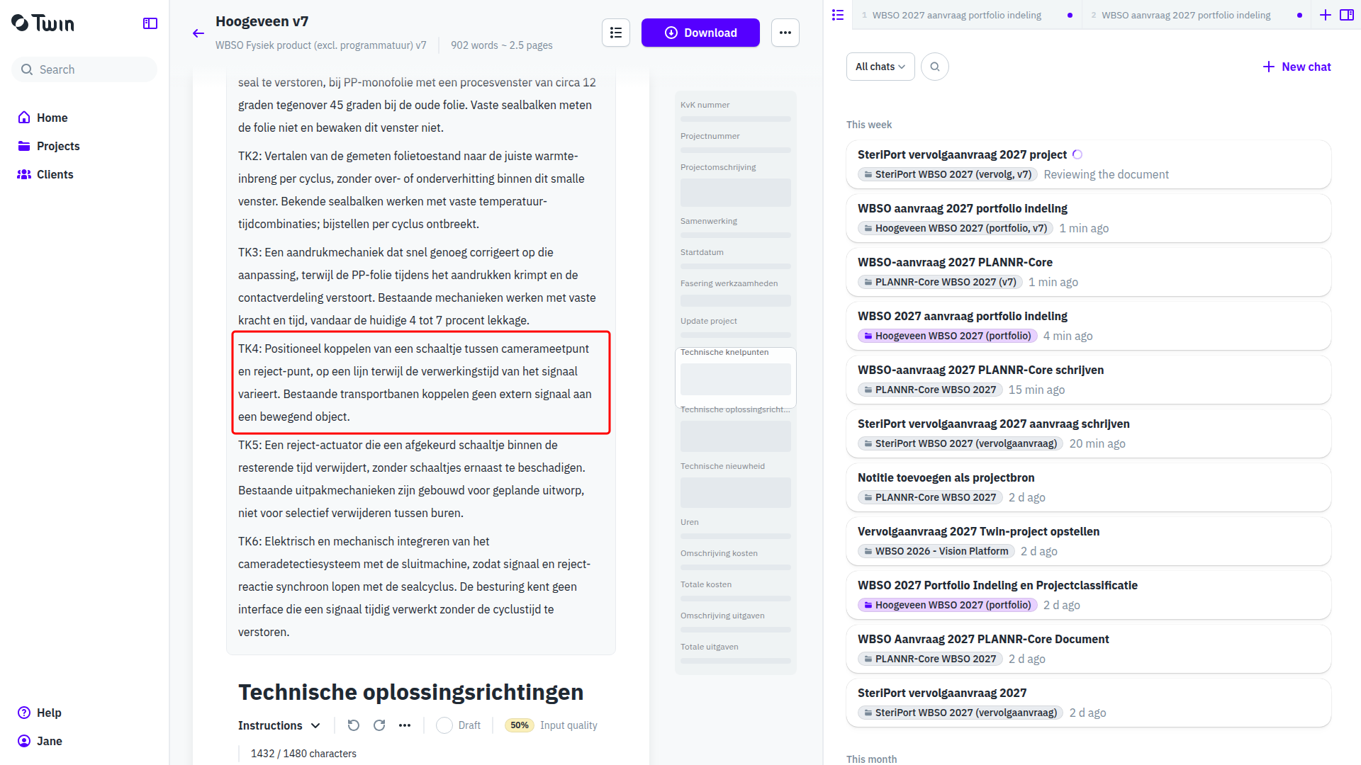 De sectie Technische knelpunten van het document in de editor met zes genummerde knelpunten, het eerste detectieknelpunt omkaderd