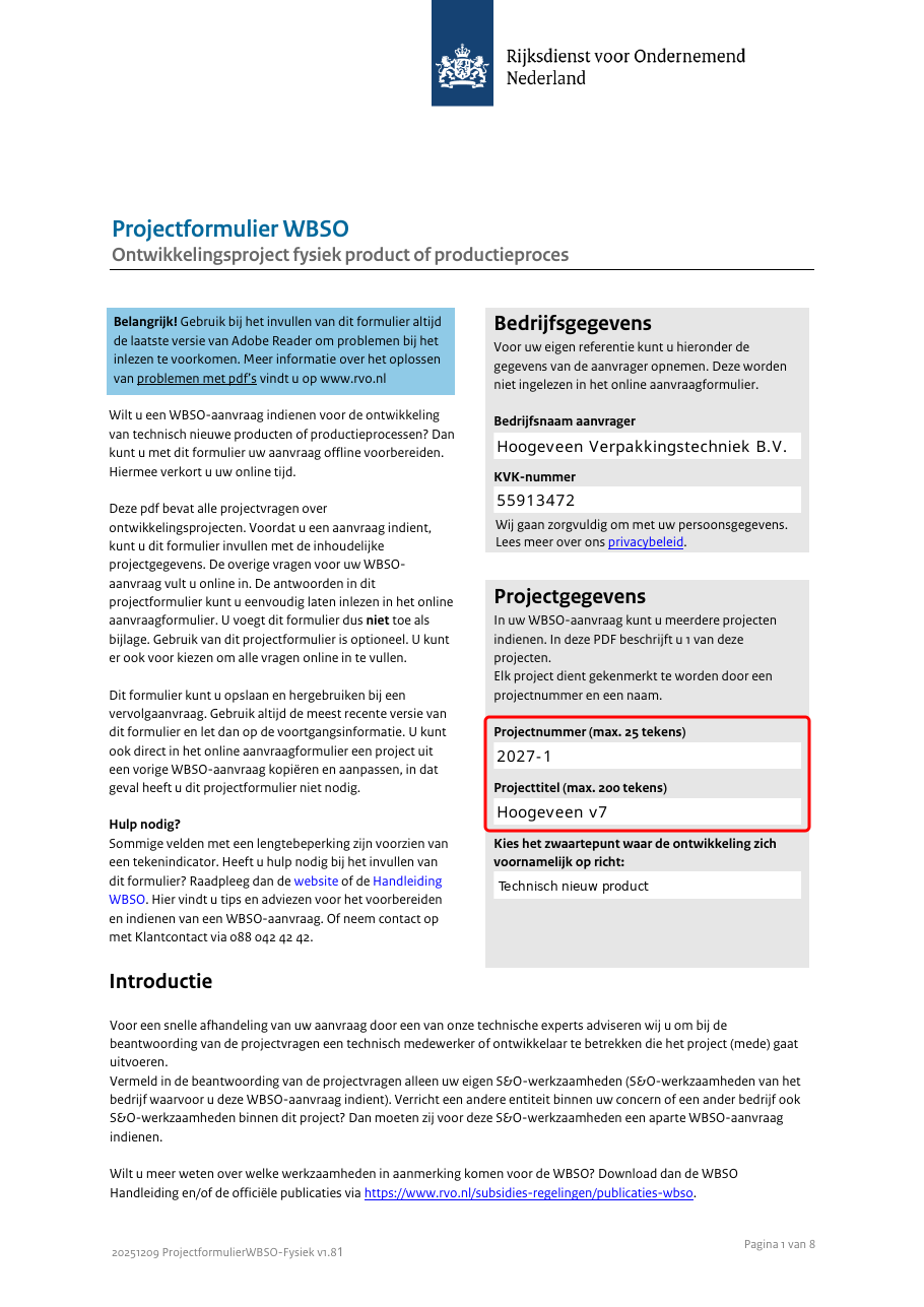 Pagina 1 van het ingevulde RVO-projectformulier met het projectnummer en de projecttitel omkaderd