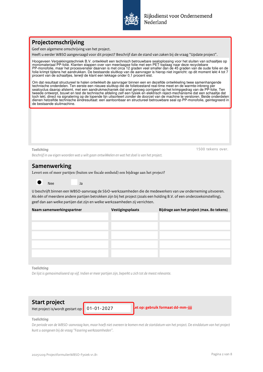 Pagina 2 van hetzelfde formulier met de projectomschrijving en de startdatum omkaderd