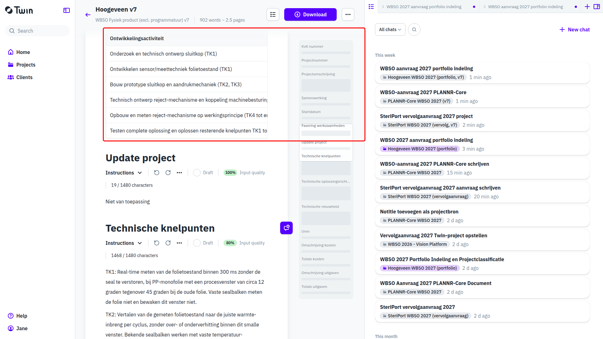De tabel Fasering werkzaamheden in de documenteditor, omkaderd, die de faseringstabel op het formulier vult