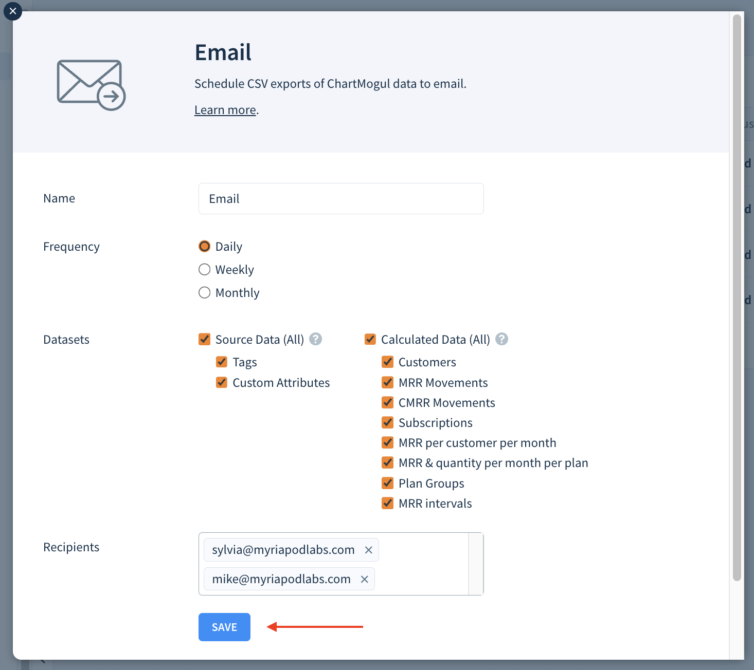 Screenshot of the modal to configure email destination settings. The Save button is highlighted.