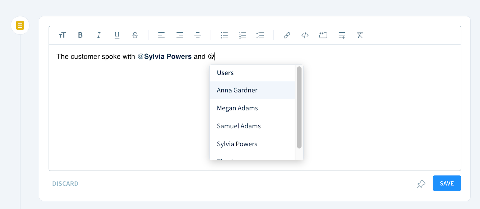 Screenshot of adding a mention to a note. Next to an @ sign inserted into the note body appears a drop-down with user names.