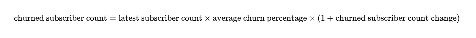 Formula: churned subscriber count equals latest subscriber count times average churn percentage times the quantity in parentheses: one plus churned subscriber count change.