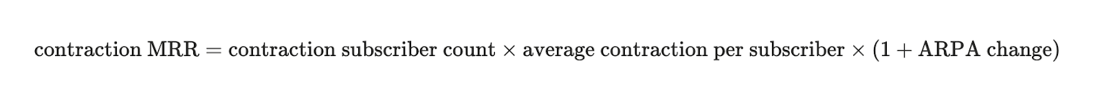 Formula: contraction MRR equals contraction subscriber count times average contraction per subscriber times the quantity in parentheses: one plus ARPA change.