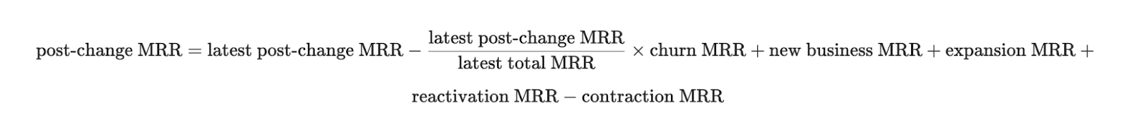 Formula: post-change MRR equals latest post-change MRR minus latest post-change MRR divided by latest total MRR times churn MRR plus new business MRR plus expansion MRR plus reactivation MRR minus contraction MRR.