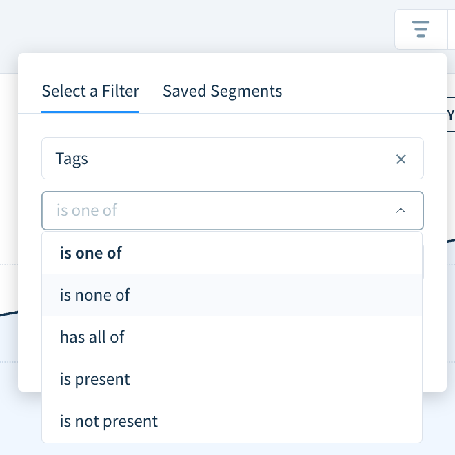 Screenshot of the drop-down showing the available operators for filtering using tags.