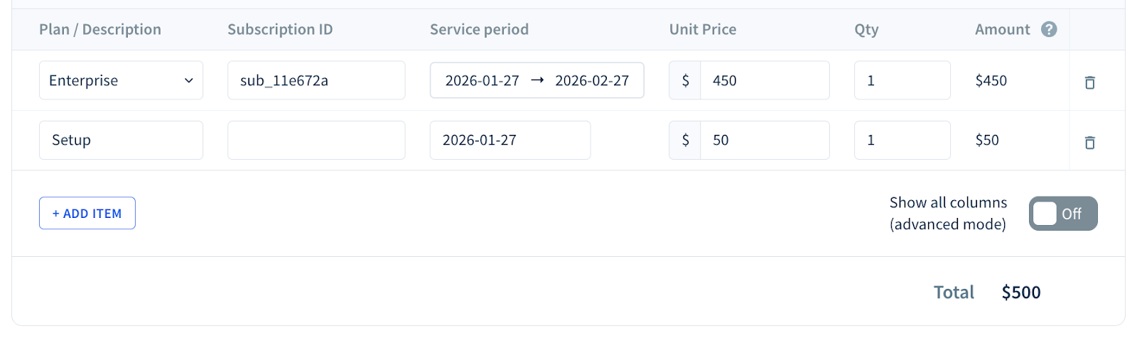Screenshot of two line items added to an invoice.