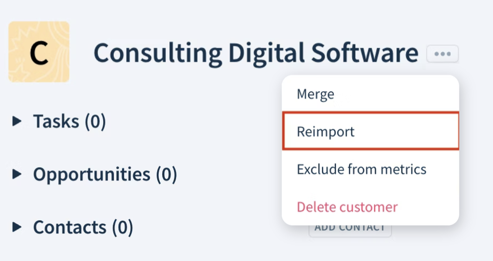 Screenshot of a customer record header highlighting the Reimport option in the drop-down next to the customer name.