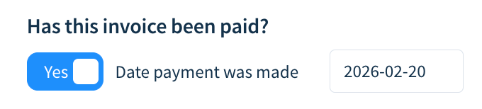 Screenshot of the Has this invoice been paid? toggle with a field for the payment date.
