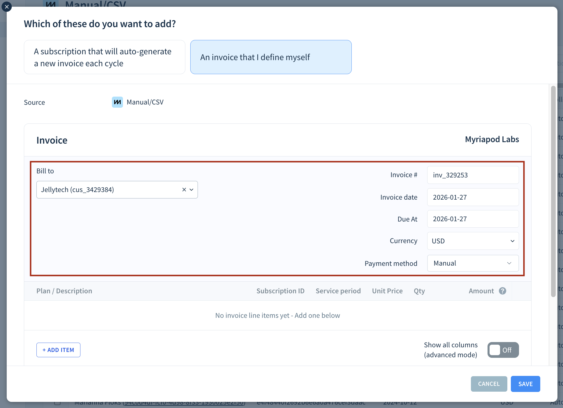 Screenshot of the invoice wizard highlighting the fields to provide invoice details.