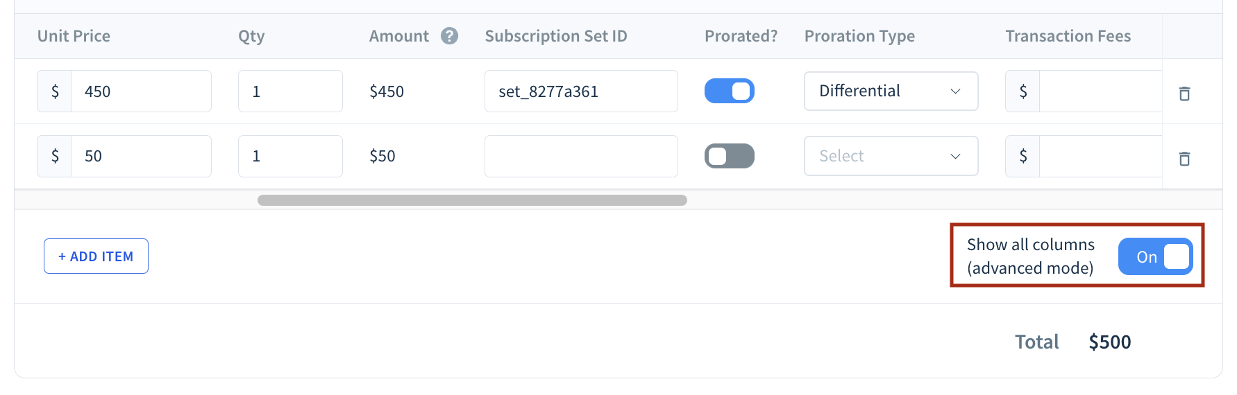 Screenshot of the advanced line item view, with additional columns as described here and highlighting the placement of the Show all columns (advanced mode) toggle.