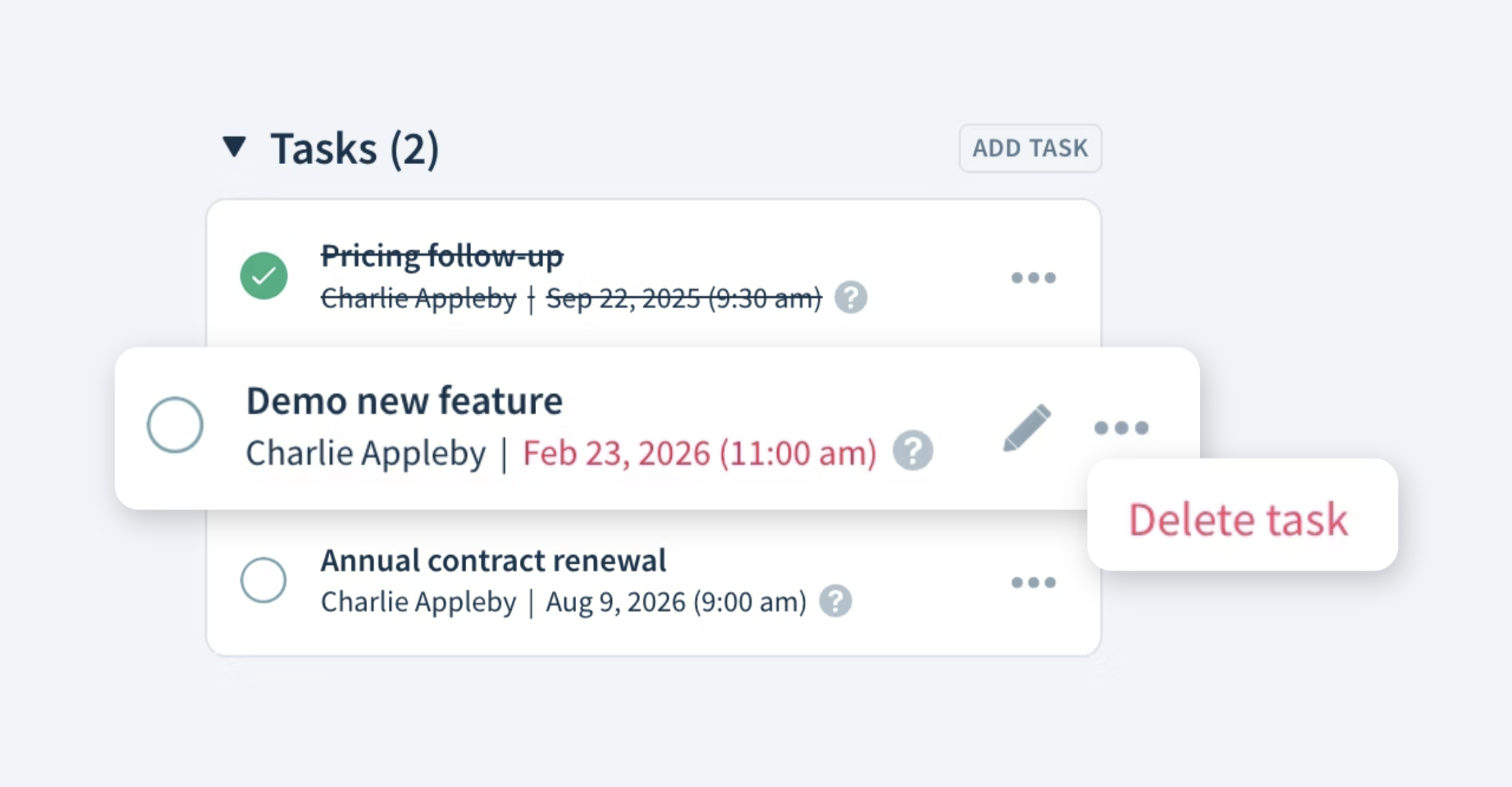 Tasks section in a customer record with the options to add a task, edit a task, and delete a task