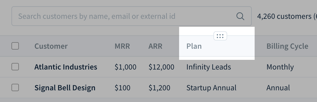 Screenshot showing the location of a drag handle for a column header