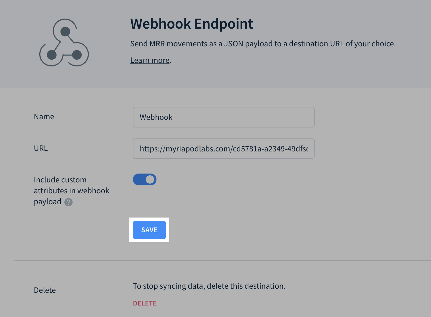 Webhook endpoint setup dialogue screenshot