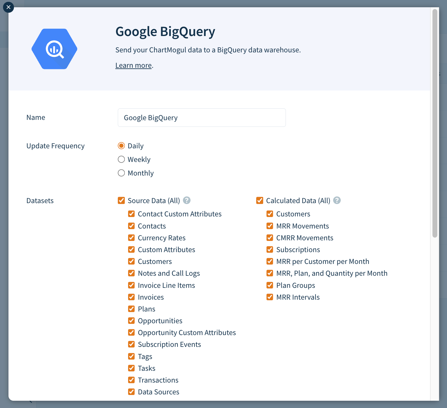 Screenshot of the Add a Destination dialog with some of Datasets selected.