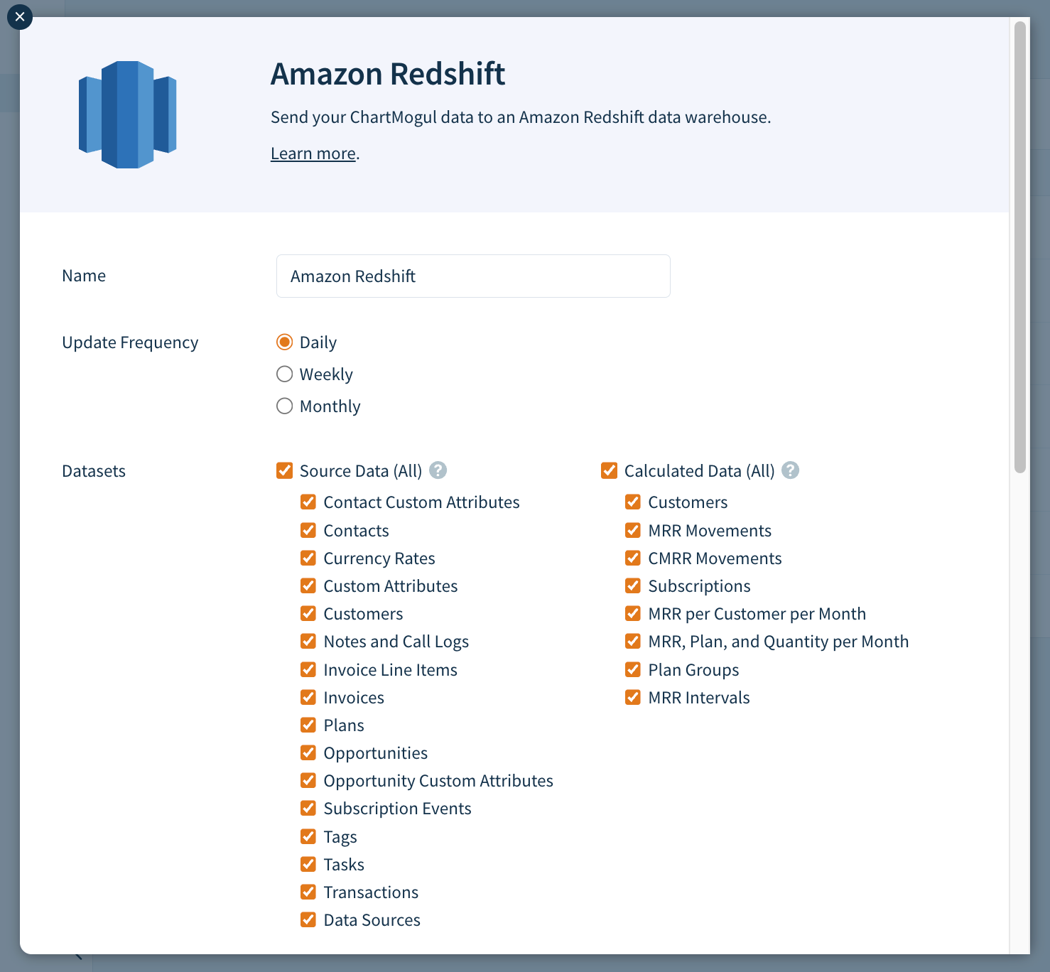 Screenshot of the Add a Destination dialog with some of Datasets selected.