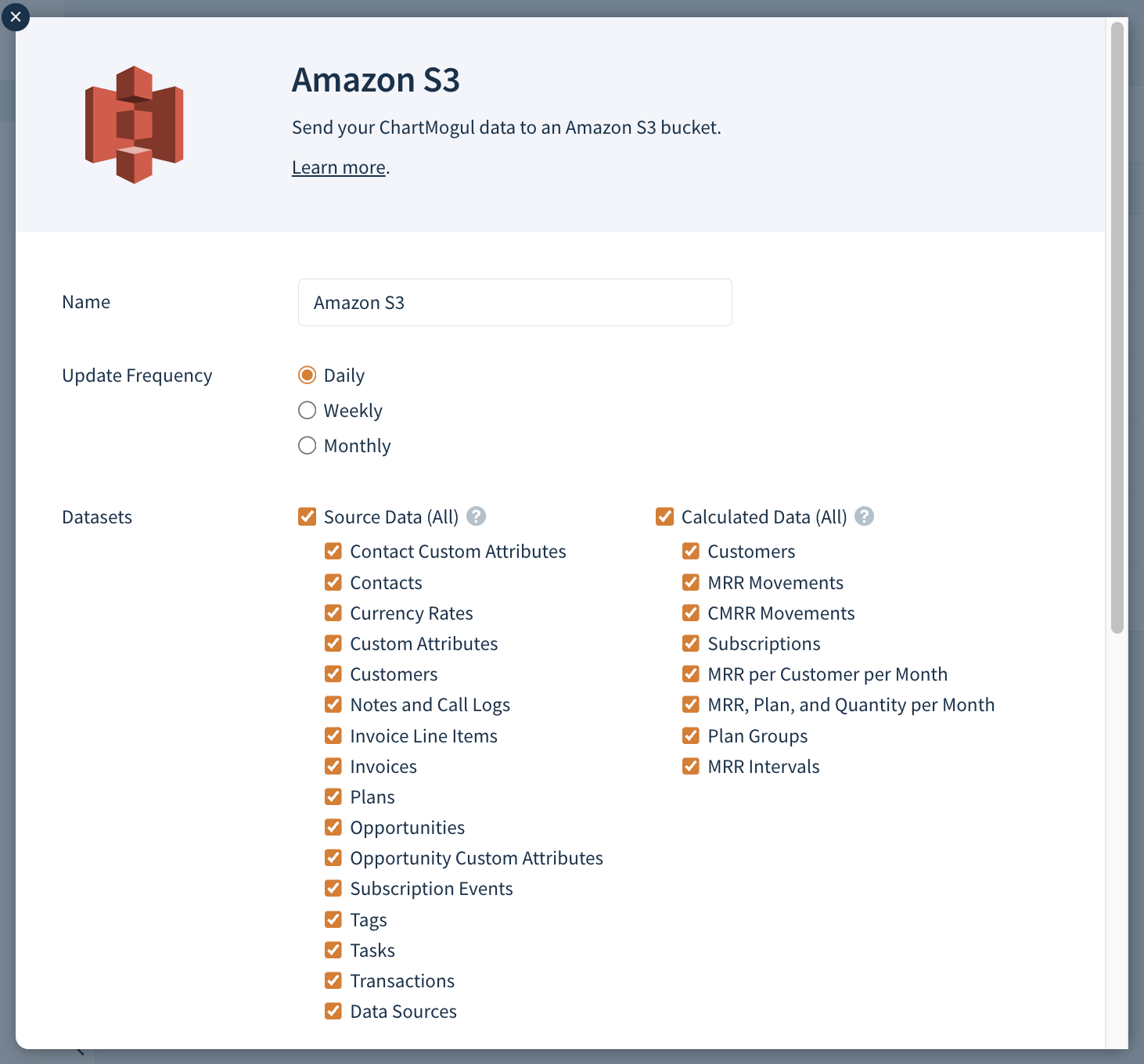 Screenshot of the Add a Destination dialog with some of Datasets selected.