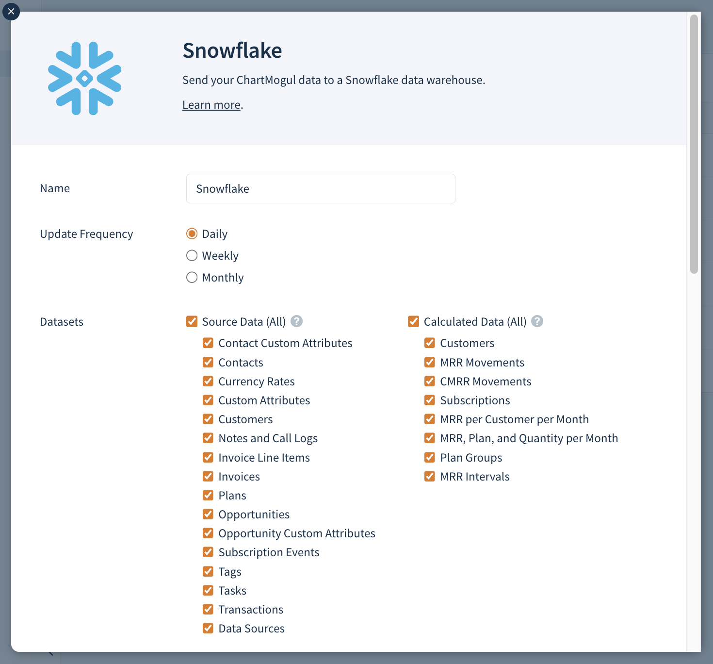 Screenshot of the Add a Destination dialog with some of Datasets selected.