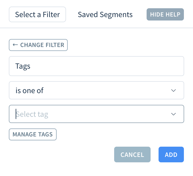 Screenshot of the drop-down showing the available operators for filtering using tags.