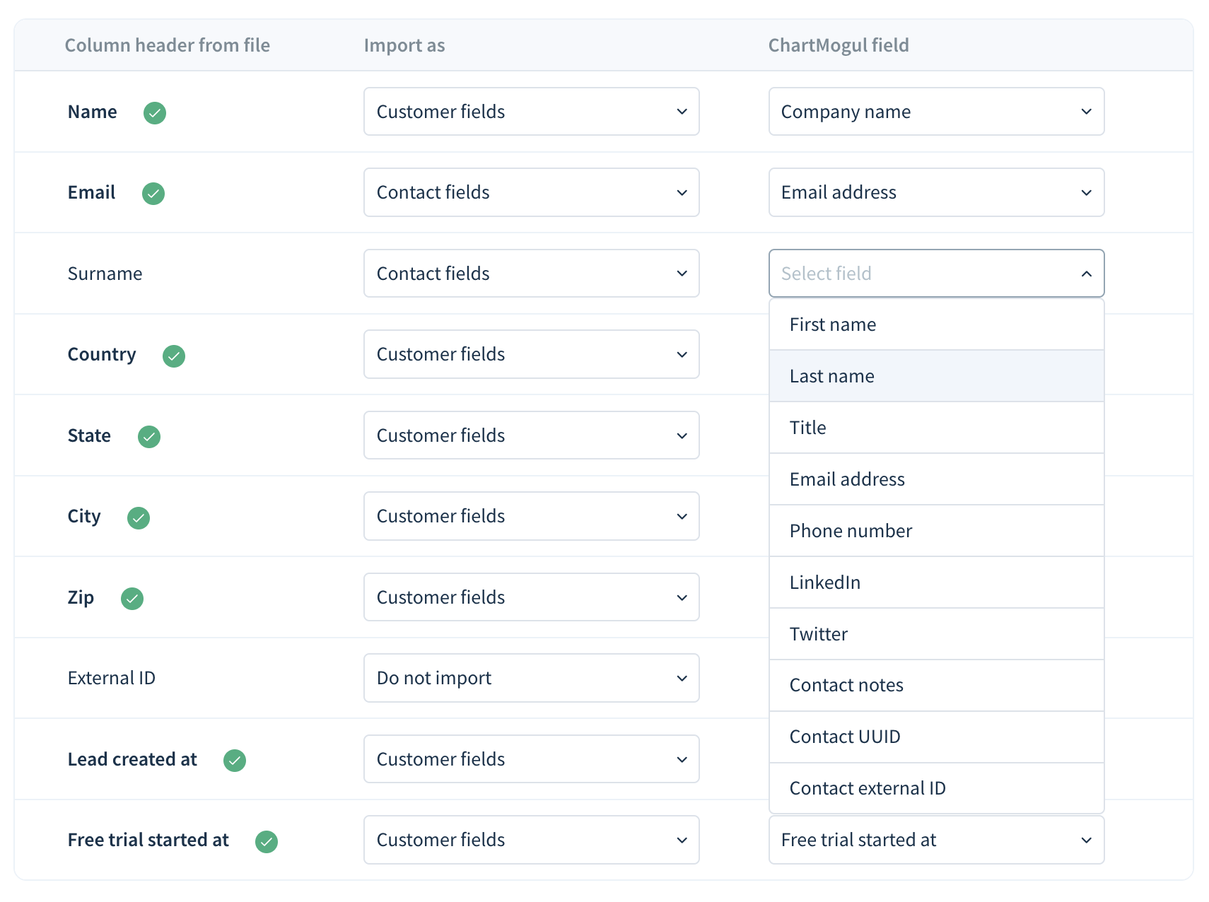 Screenshot of the Match your file fields to ChartMogul fields screen with drop-downs to adjust ChartMogul’s selections.