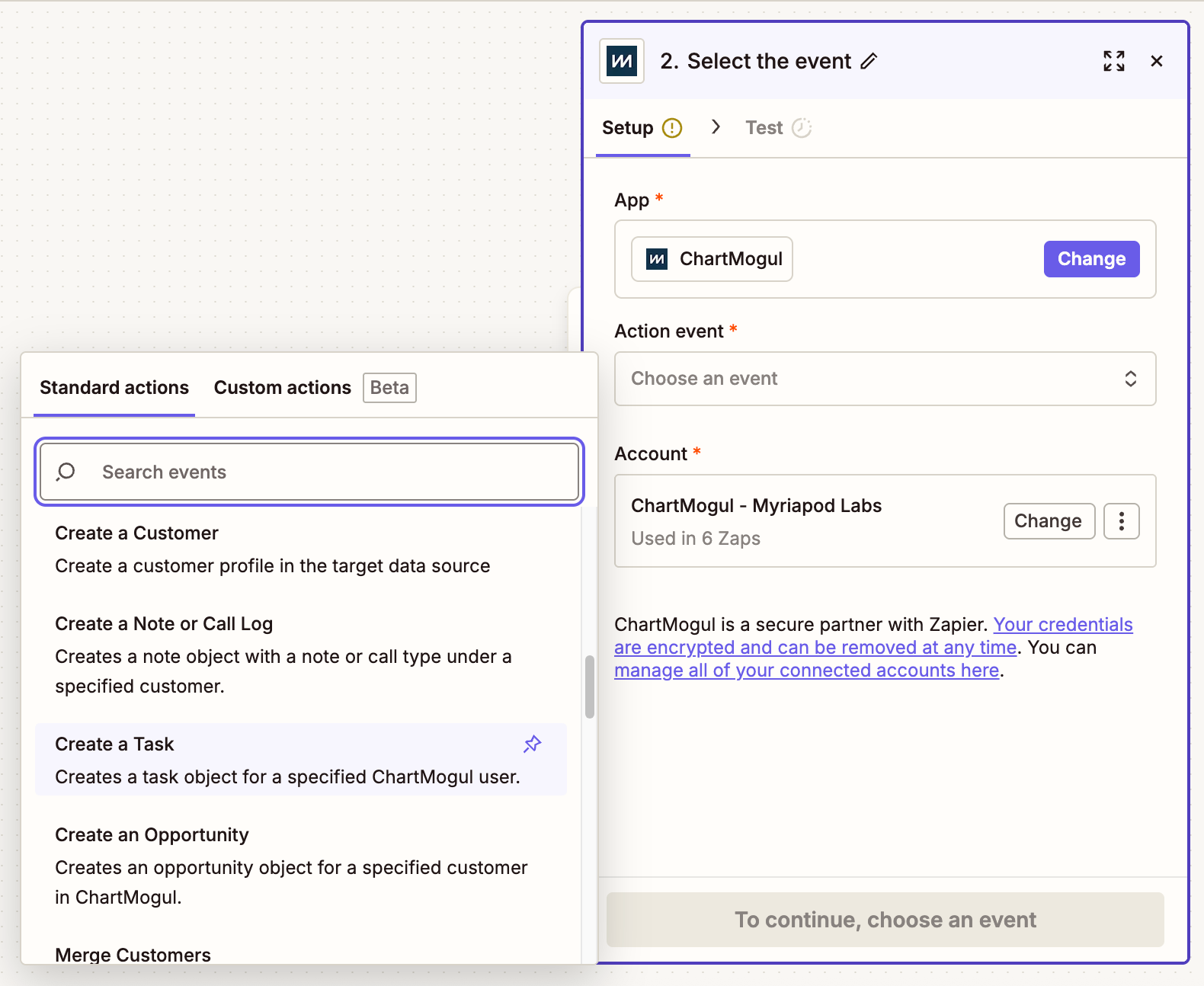 Screenshot of the menu for selecting ChartMogul actions.